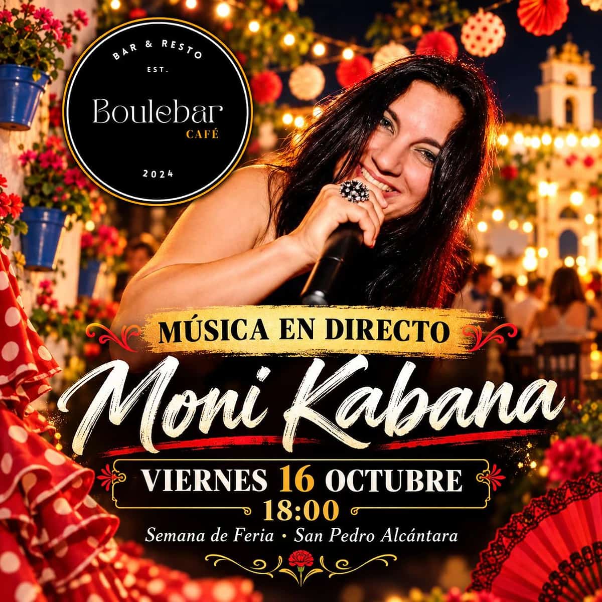 Cartel de la Semana de Feria de Boulebar Café con Moni Kabana anunciada para el viernes 16 de octubre a las 18:00 en San Pedro Alcántara.