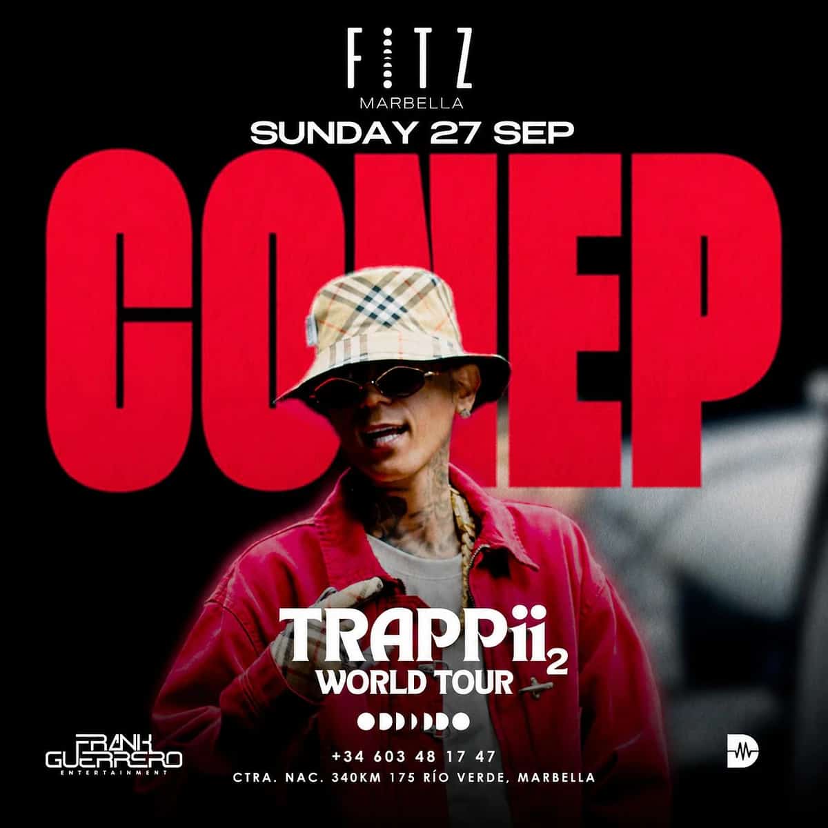 Poster for Conep at FITZ Marbella on Sunday 27 September, showing the artist dressed in red with a patterned bucket hat, dark sunglasses and TRAPPii 2 World Tour text.