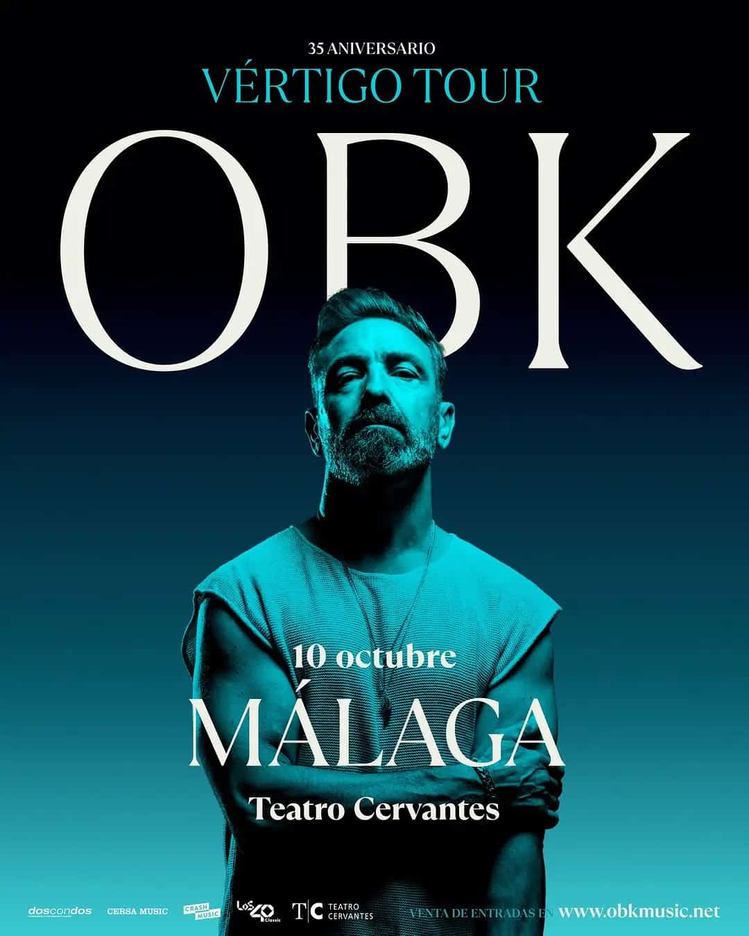 Cartel del concierto OBK Vértigo Tour con detalles del evento - Málaga, 10 de octubre de 2026. Incluye imágenes del grupo de synth-pop.
