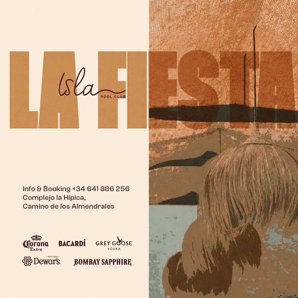 Cartel de LA FIESTA en Isla Pool Club con diseño dividido en tonos crema y tierra, gran tipografía superpuesta y una sombrilla de fibras naturales junto a la piscina.