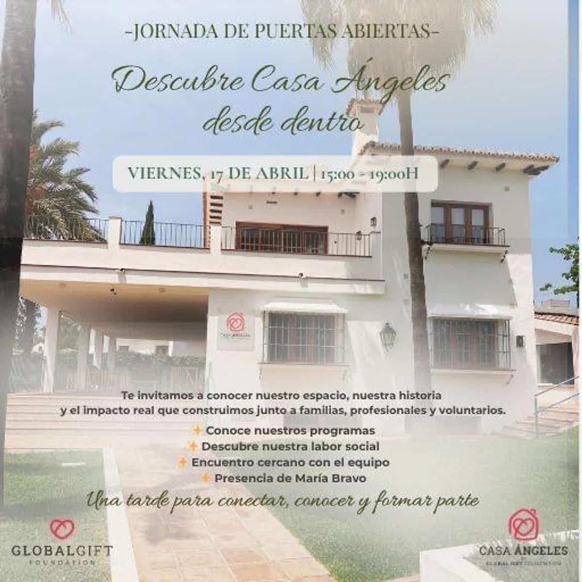 Poster for the Casa Ángeles open day in Marbella, showing the centre’s façade and inviting visitors to discover its social work on Friday 17 April from 3:00 PM to 7:00 PM.