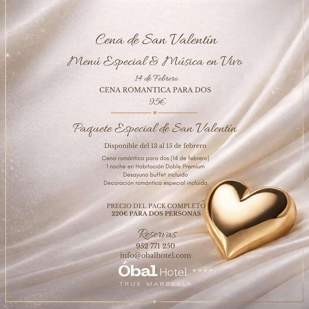 Paquete especial de San Valentín 2026 en Óbal Hotel Marbella con estancia en Habitación Doble Premium, cena gourmet, música en vivo y cóctel de bienvenida en el 360 Blue Sky Bar.