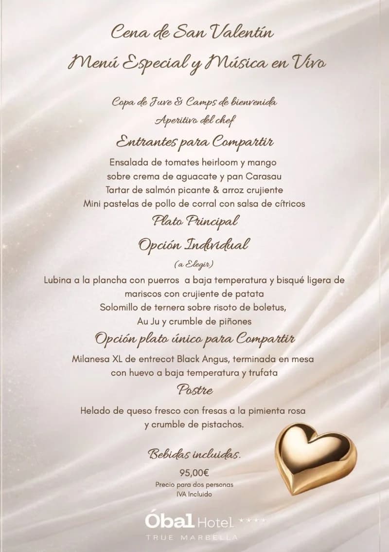 Paquete Especial San Valentín 2026: Estancia Romántica, Cena Gourmet y Música en Vivo en Óbal Hotel Marbella Imagen de Galería 1