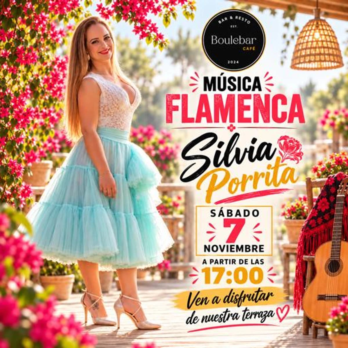 Cartel de Silvia Porrita en Boulebar Café, con una mujer vestida de blanco y turquesa, flores, guitarra y anuncio del 7 de noviembre a las 17:00.