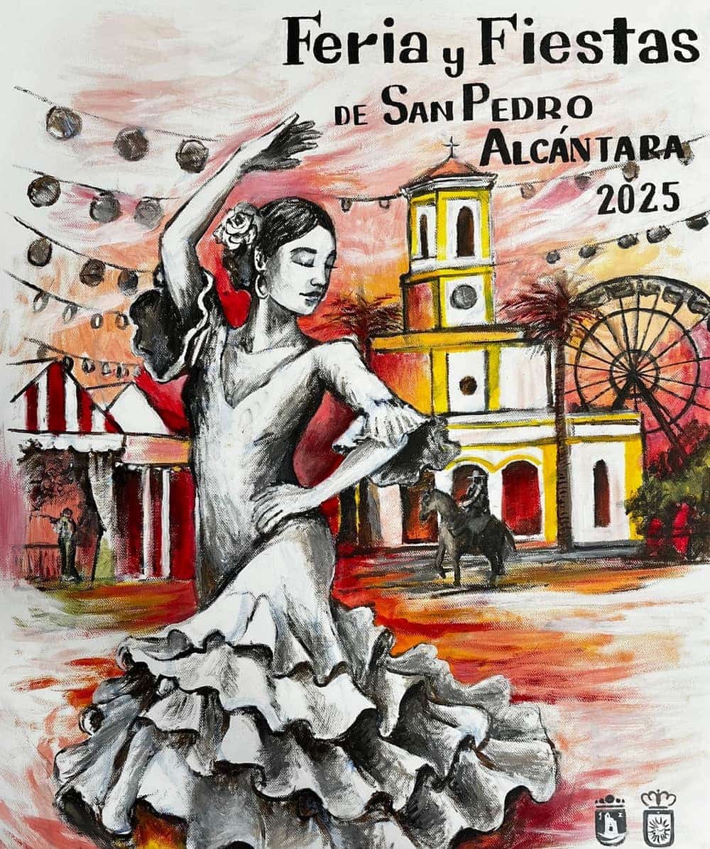 Poster for the 2025 fair showing a flamenco dancer in the foreground, church tower, Ferris wheel and fair tents at sunset; dates October 14–20.