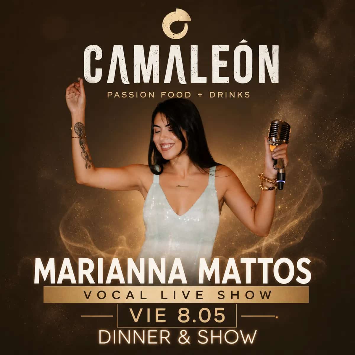 Cartel de Marianna Mattos en Camaleón Marbella con cantante sosteniendo un micrófono y anuncio de vocal live show para Dinner & Show el viernes 8 de mayo.