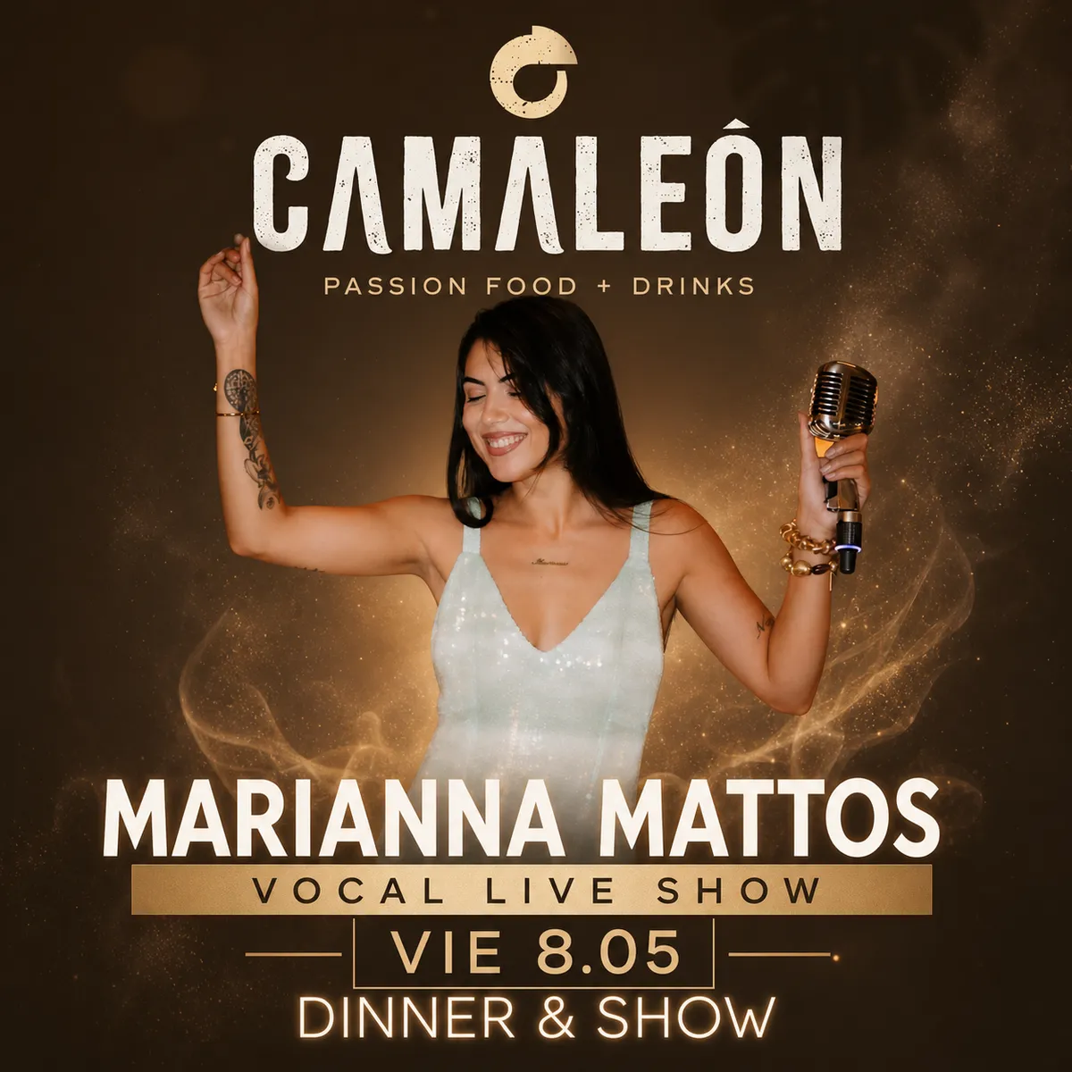 Cartel de Marianna Mattos en Camaleón Marbella con cantante sosteniendo un micrófono y anuncio de vocal live show para Dinner & Show el viernes 8 de mayo.