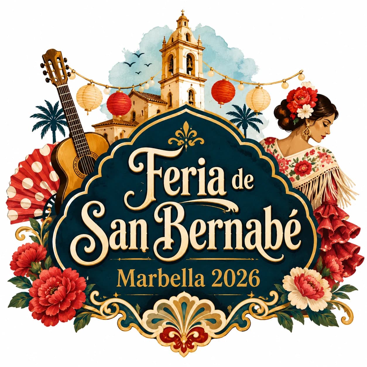 Logo ilustrado de la Feria de San Bernabé Marbella 2026 con torre de iglesia, farolillos, guitarra, flores y mujer con traje flamenco.