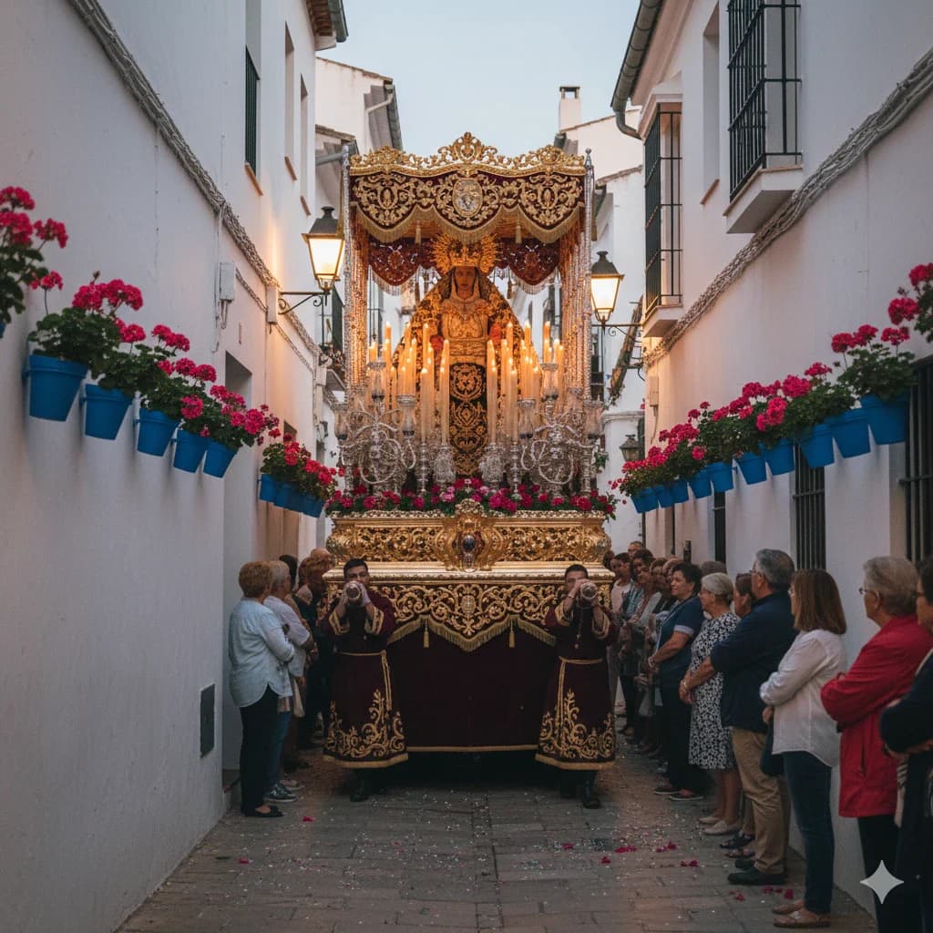Intimate street photography, a beautiful ornate religious float navigating a very narrow, whitewashed alleyway in Marbella Old Town, walls decorated with blue flower pots and pink geraniums, dusk, warm golden lighting, hyper-realistic --ar 4:5
