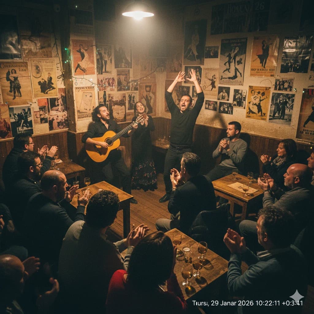 Wide view inside a crowded, authentic flamenco peña in Málaga, showing locals enjoying an intimate performance without a formal stage.