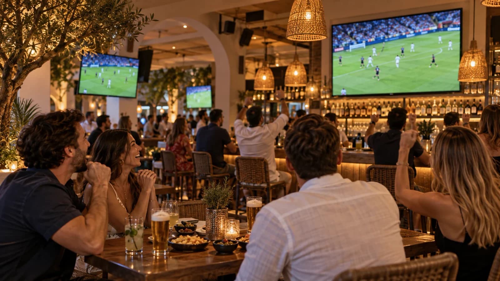 Personas viendo un partido de fútbol en directo en varias pantallas de un bar de estilo mediterráneo en Marbella.