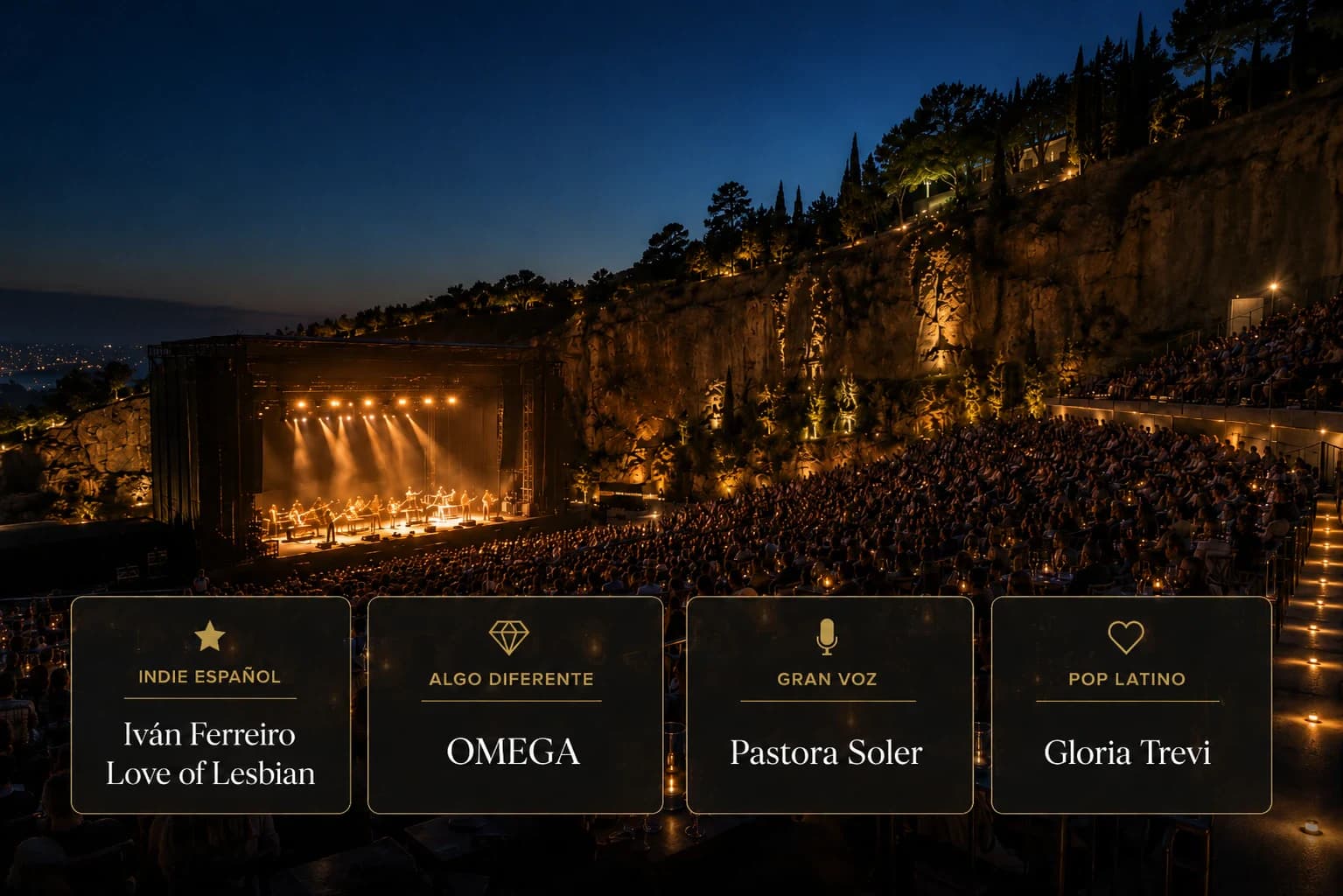 Audience enjoying a summer concert at Starlite Marbella 2026 in the Cantera de Nagüeles while choosing between the final August live music dates