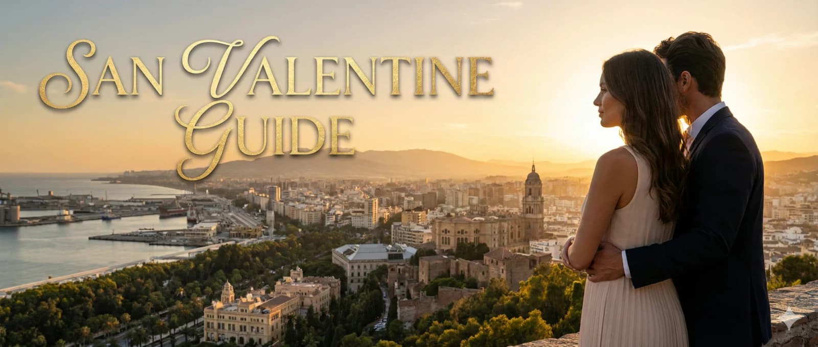Romantic couple looking at the Málaga city skyline and port during sunset from the Gibralfaro viewpoint, with the Alcazaba and Cathedral illuminated. Perfect spot for Valentine's Day 2026 in Málaga.