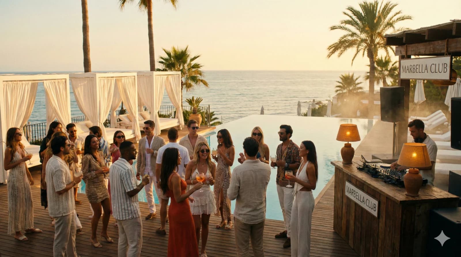 Luxury beach club in Marbella with infinity pool overlooking the Mediterranean sea during a golden hour sunset party.