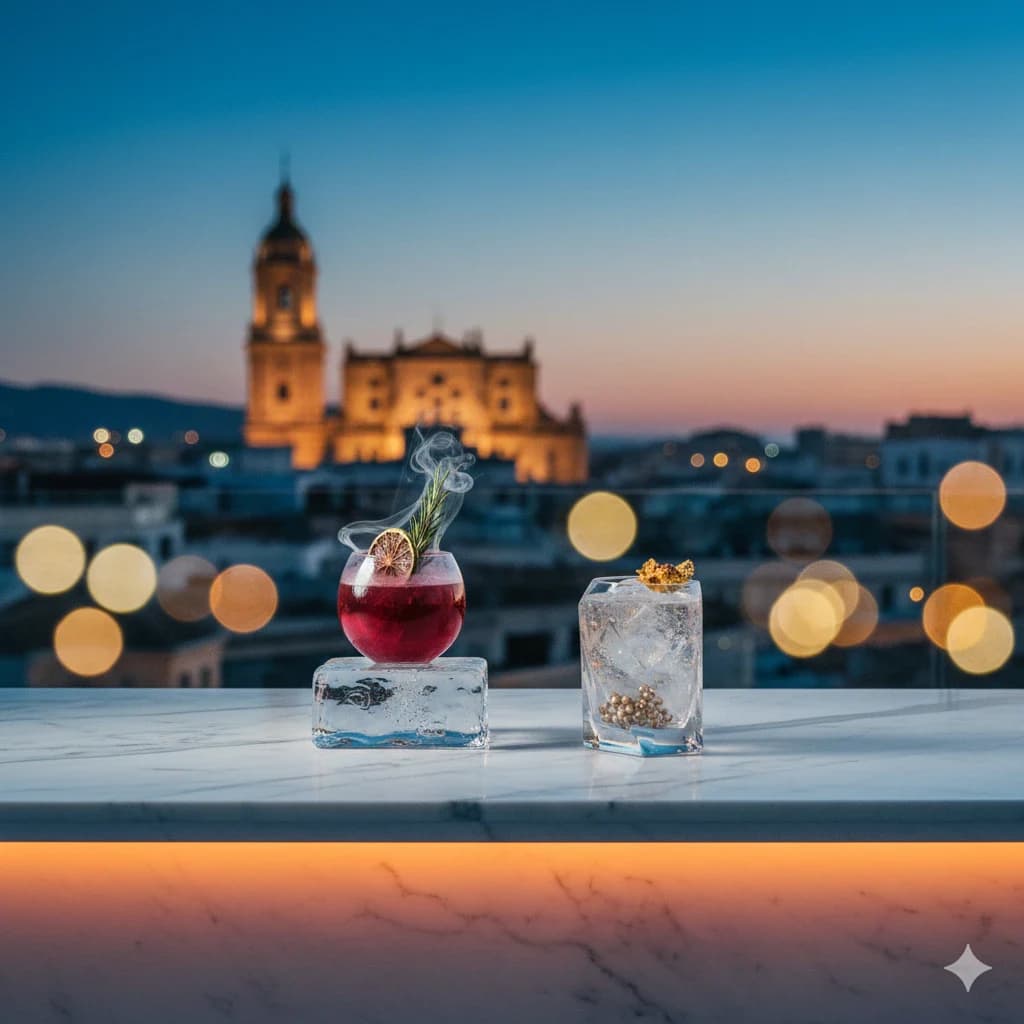 A wide 21:9 cinematic editorial photograph of a high-end rooftop bar in Málaga at blue hour. In the foreground, two avant-garde cocktails—one deep red with wisps of smoke and a rosemary sprig, and another clear with golden pearls—sit on a minimalist white marble bar with warm amber under-lighting. The background features the iconic Málaga Cathedral and shimmering city lights in a soft, realistic bokeh under a twilight sky.