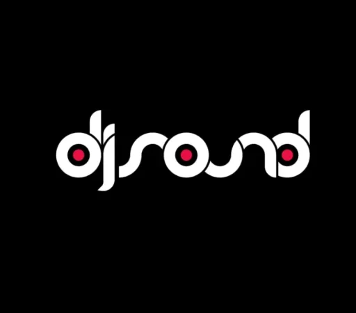 Logo de DJSOUND en blanco sobre fondo negro con puntos rojos, diseño tipográfico moderno inspirado en vinilos y cultura DJ