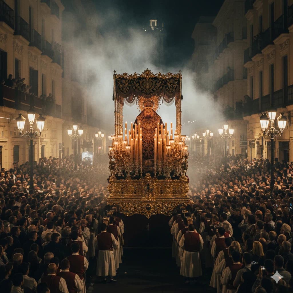 Una toma amplia y cinematográfica de un enorme trono religioso dorado llevado por cientos de hombres por la Calle Larios de Málaga por la noche, con denso humo de incienso y grandes multitudes observando.