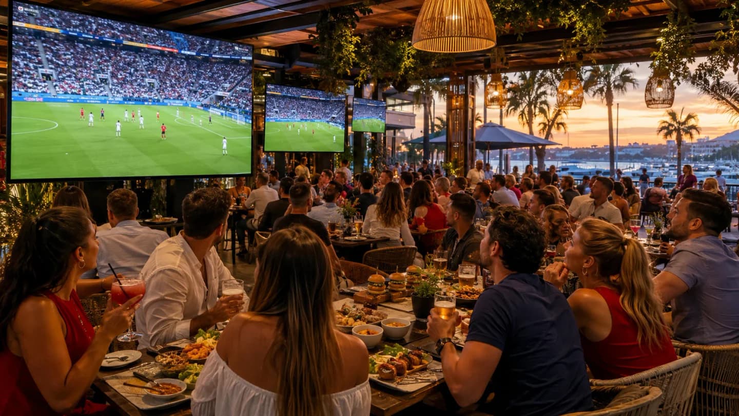 Personas viendo un partido del Mundial 2026 en directo en un bar de la Costa del Sol, con pantallas, comida, bebidas y ambiente internacional.