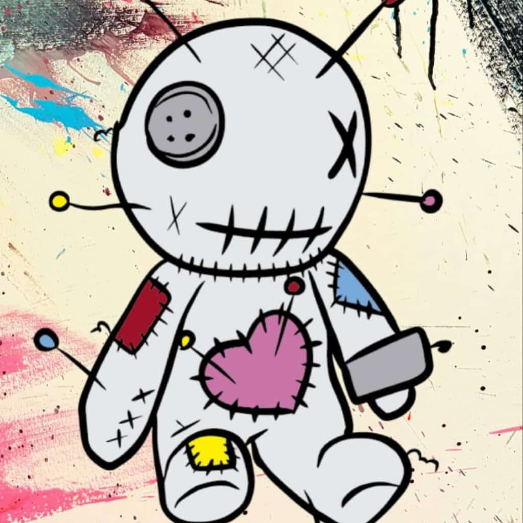 Logo of A Terapia restaurant, tapas and drinks in San Pedro (Marbella): illustration of a white stitched doll with colourful fabric patches and a large pink heart, pierced by round-headed pins on an abstract painted background.