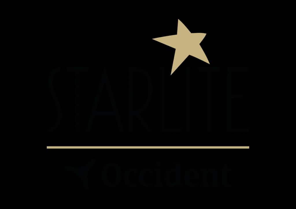 Logotipo de Starlite Occident con una estrella dorada, el nombre Starlite y una línea horizontal dorada sobre fondo negro.